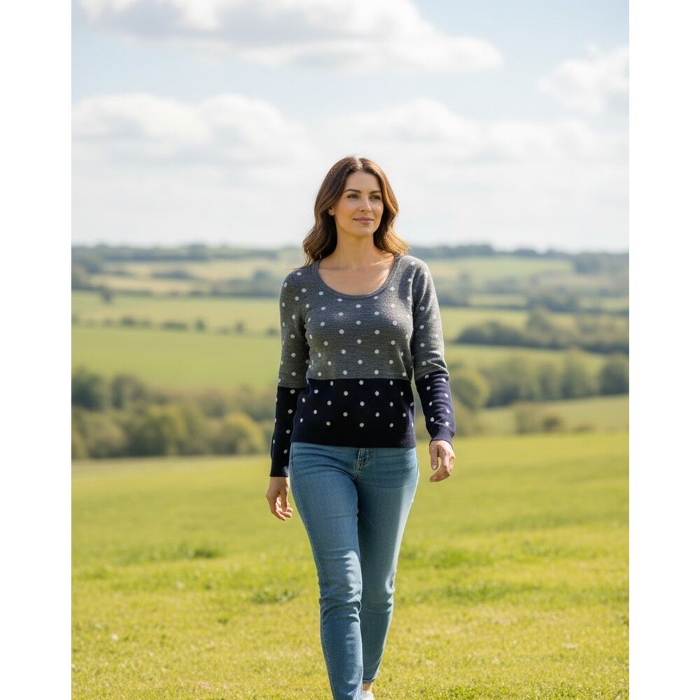 The Limited Sweater Womens Medium Gray Navy Polka Dot Wool Blend Pullover